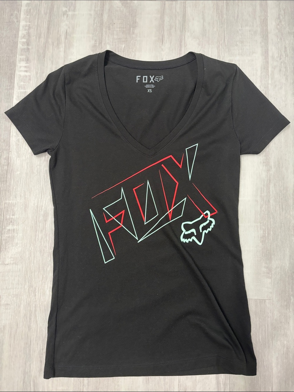 Fox Black V-Neck Tee with Mint Green & Red Graphic XSmall - Picture 1 of 7